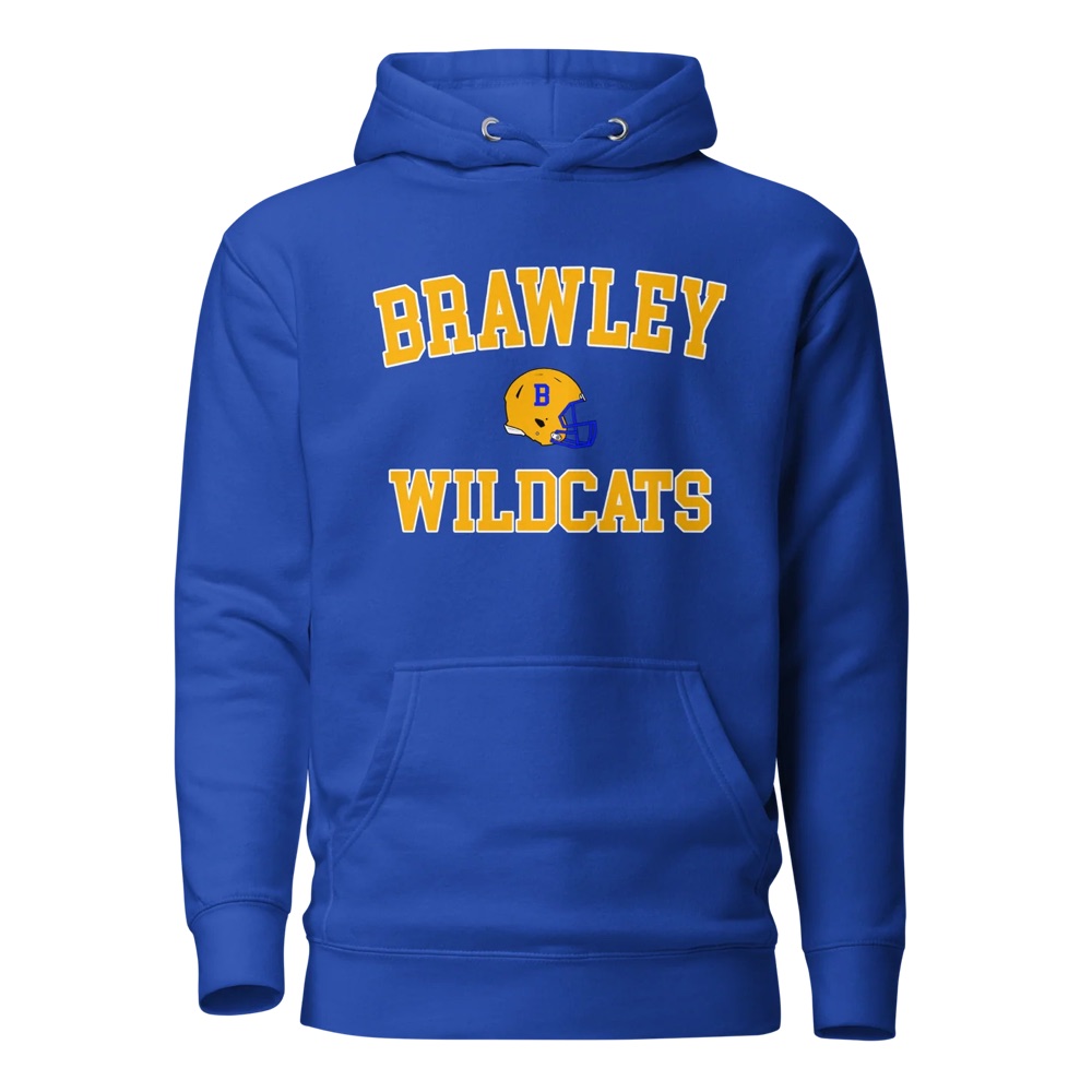 Royal blue hoodie with Brawley Wildcats and a gold helmet on the chest